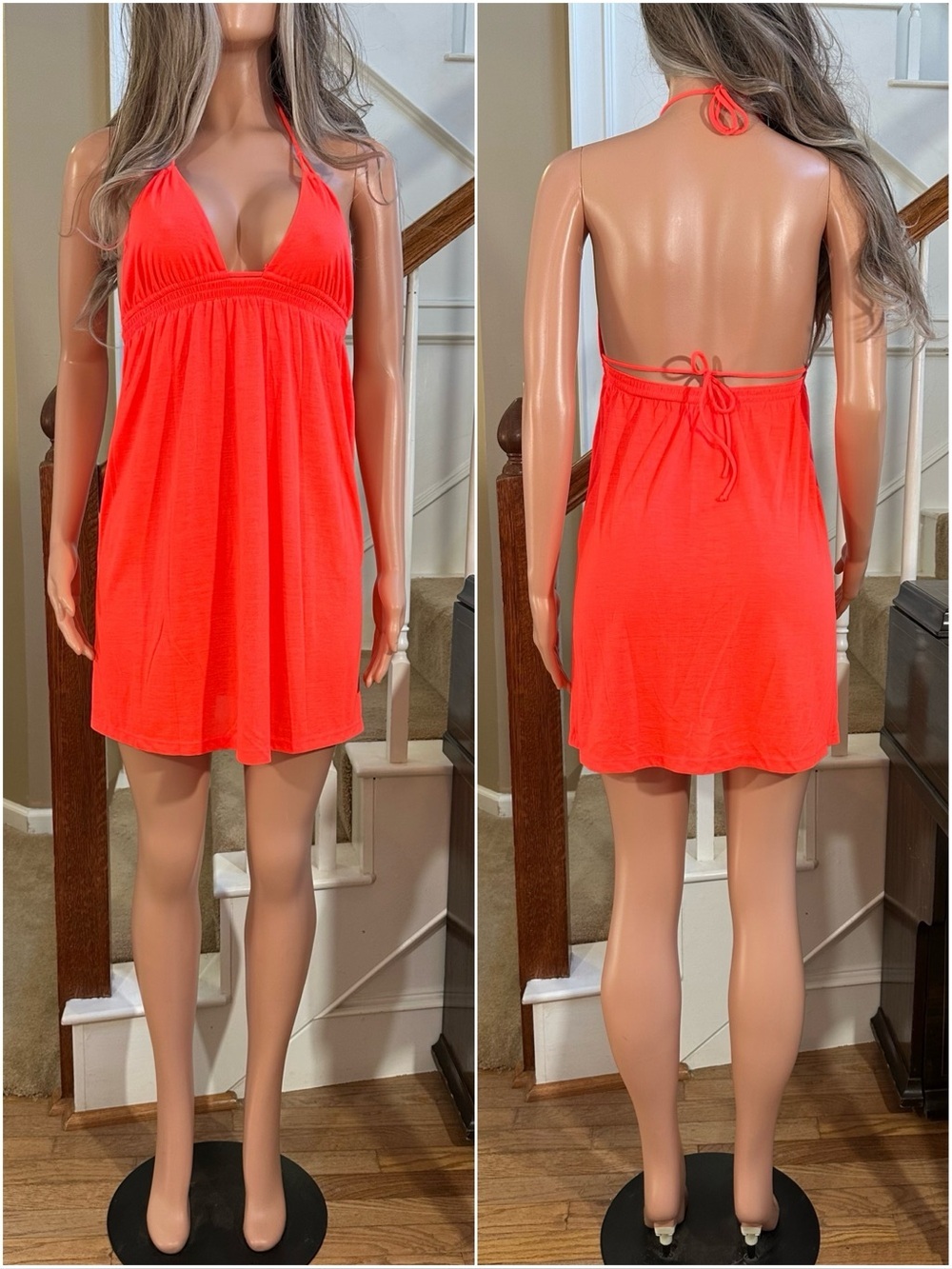 Bright neon coral halter summer dress